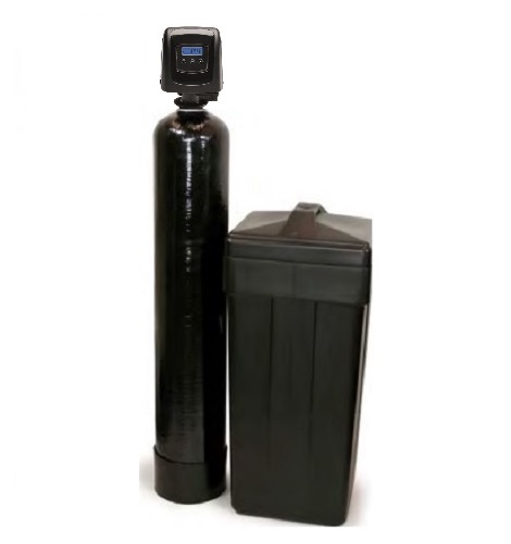 Fleck 5810SXT high flow water softener with black resin tank and brine tank