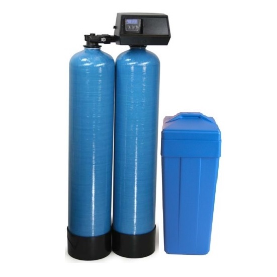 Fleck 9100SXT twin tank water softener with two resin tanks and brine tank